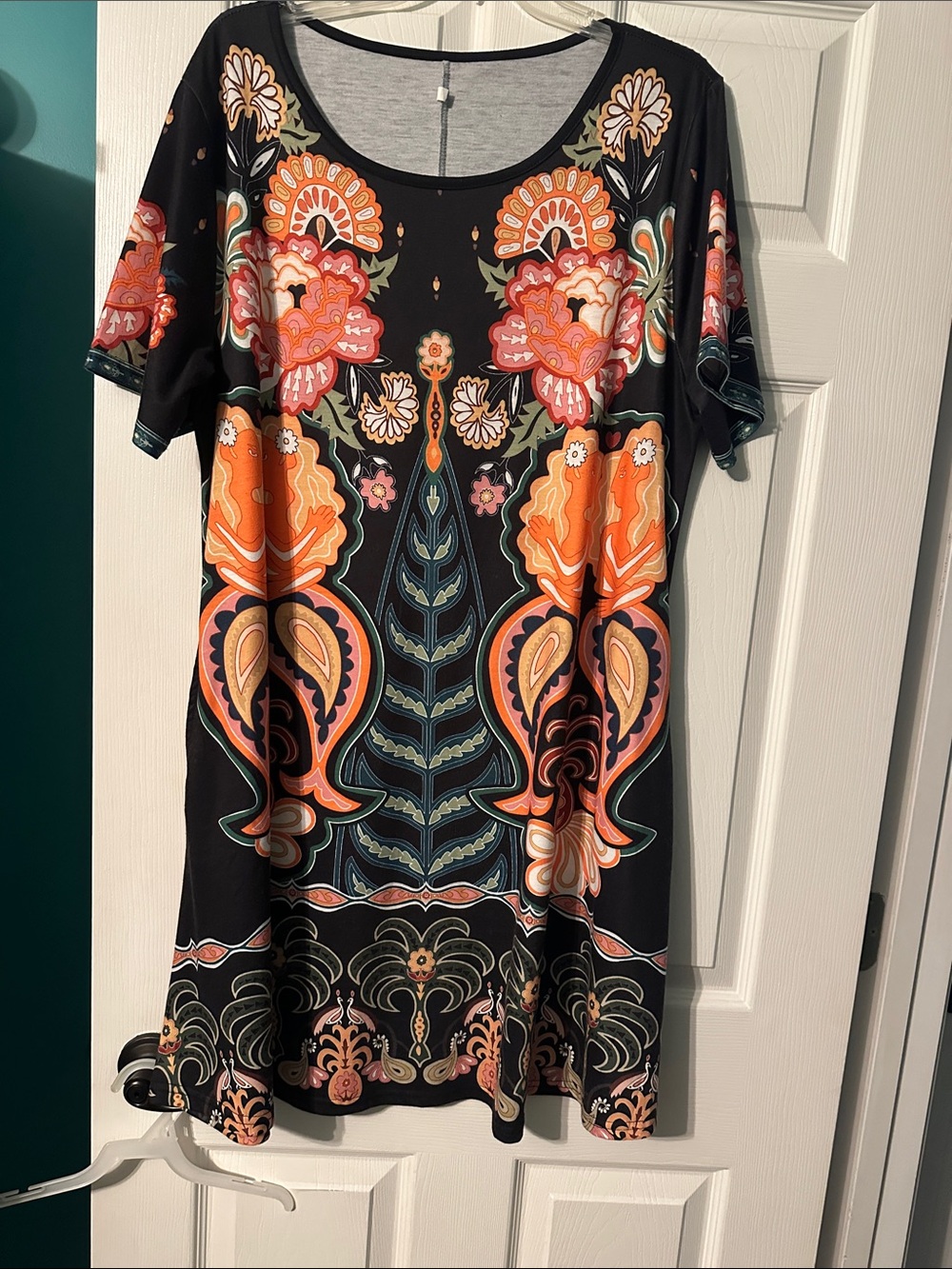 LuLaRoe Black Dress with Orange and Coral Floral Medallions
